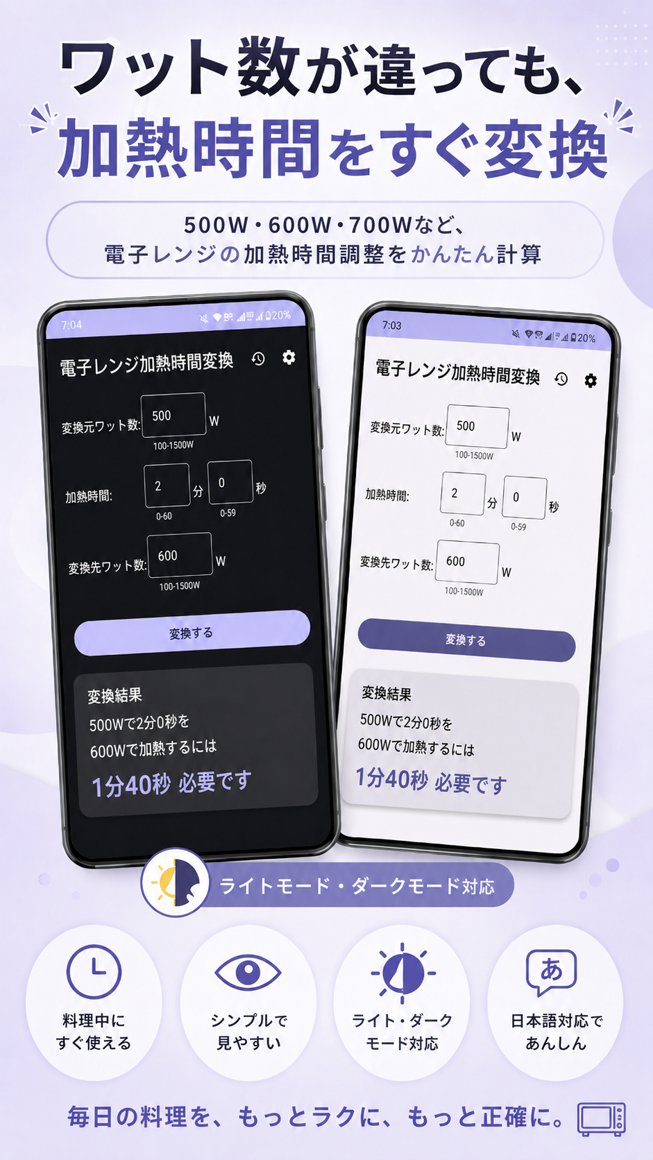 WattTime アプリの紹介画像。ライト/ダークモードのスクリーンショットと主な特長。